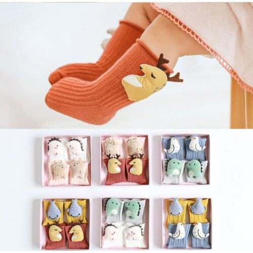 A Box 2 Pairs Of Baby Cute Double Needle Doll Socks Children Knitted Tube Kids Cartoon Two-color Socks