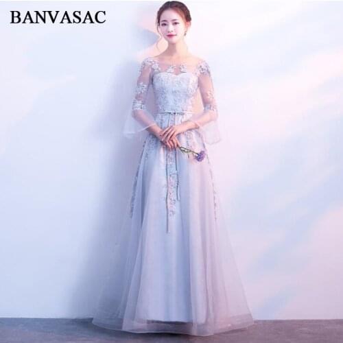 BANVASAC 2018 A Line Lace Embroidery Open Back Long Evening Dresses Party O Neck Flare Half Sleeve Bow Sash Prom Gowns
