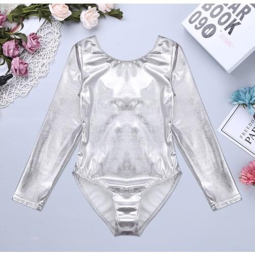 Kids Girls Shiny Metallic Gymnastics Leotards Long Sleeve Ballet Dance Jumpsuit Girls Shiny Dance Wear Stage Performance Costume