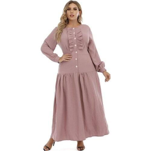 Dubai Muslim Women Long Dress Kaftan Arab Abaya Islamic Clothing Plus Size Front Buttons Maxi Robe Gown Middle East Loose Dress