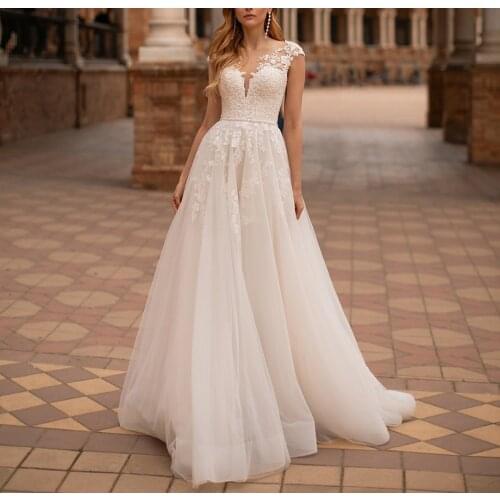 Elegant Long Shear Lace Wedding Dresses Ivory A-Line Button Back Tulle Robes De Mariée Bridal Gown For Women