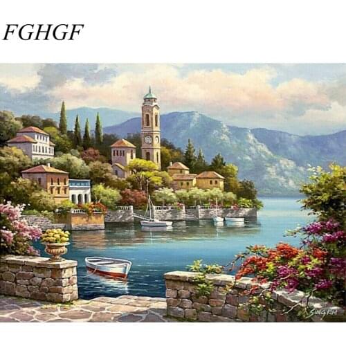 FGHGF Frameless Fairyland Villa Landscape DIY Painting By Numbers Kits Handpainted Oil Painting Modern Wall Art Canvas