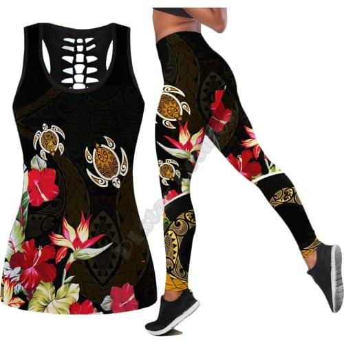 Sea turtle Polynesian 3D Printed Hollow Out Tank Legging Suit sexy Yoga Fitness Soft Legging Summer Women For Girl 17
