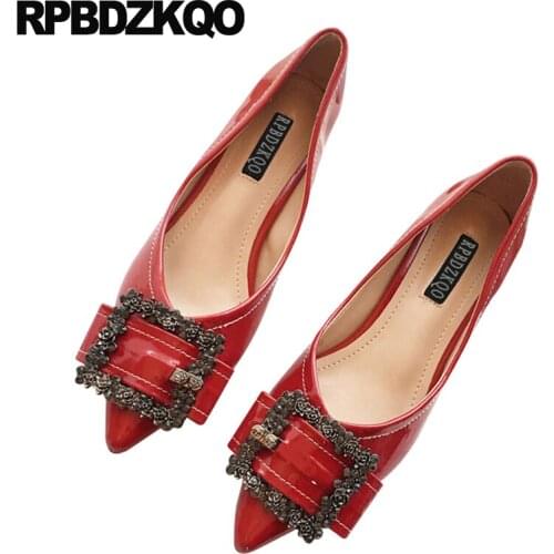 Bow Latest Red Low Heel Slip On Ladies Wedding Black Patent Leather Women Dress Shoes Chinese Metal Designer Pointed Toe 2021