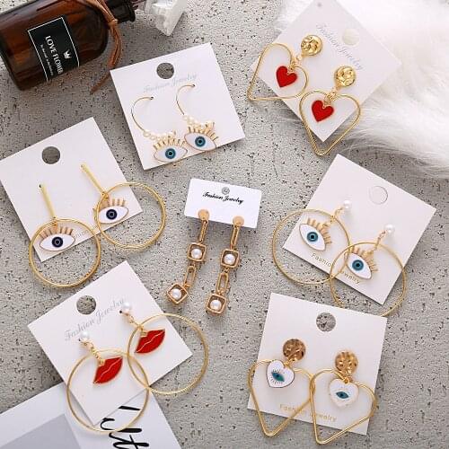 New Boho Fashion Gold Faux Pearl Eyes Mouth Heart Shaped Geometry Pendant Earrings For Women Vintage Earring Jewelry Party Gift