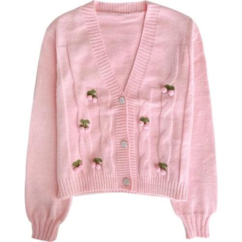 Three-dimensional cherry retro pattern autumn V-neck buttoned loose short knitted cardigan sweater