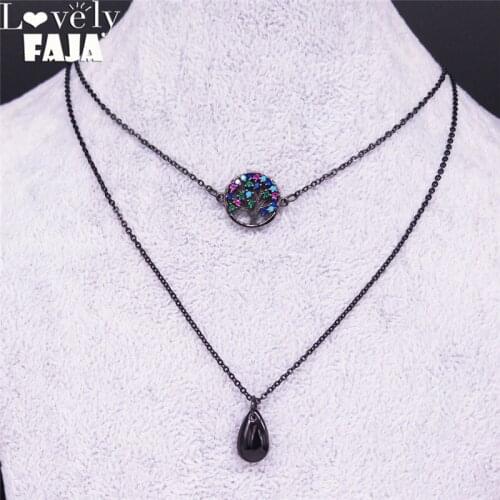 2pcs Fashion Tree of Life Zircon Copper Stainless Steel Necklace Women Black Layered Necklace Jewelry collar mujer NC44S03