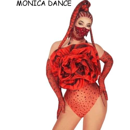 Sexy Red Rose Rhinestone Bodysuit Glove Outfits Sets Women Party Costumes Nightclub Dance Leotard Singer Birthday Costumes
