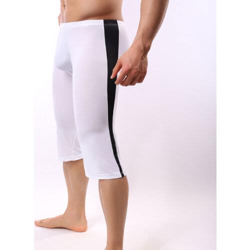 Sexy Ice Silk U Convex Pouch Mens Pants Sexy Half Long Pants Transparent Patchwork Tights Leggings For Cool Male Gay wear F13