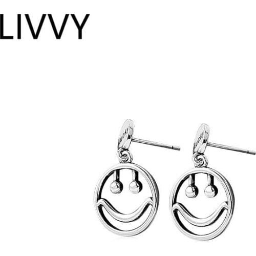 LIVVY Silver Color Lucky letter Irregular Smile Face Style Earrings for Women Fashion Punk Hip-Hop Jewelry Accessories