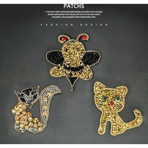 Bee Fox Cat Gold Beaded Rhinestones Patches for Clothes Applique Embroidery diy Patch Apparel Accessories Sewing Stripes
