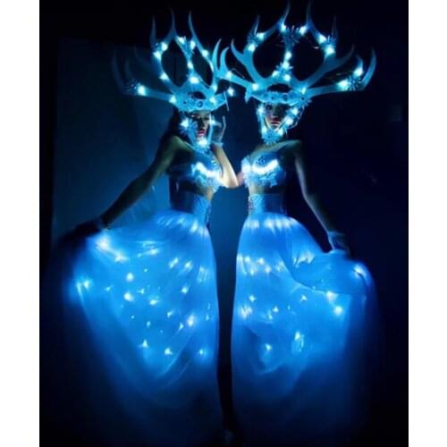 Lumious stage dance wear Led light Glowing White Snow Queen Bar Party Showcase Dress Tour Ds Costume