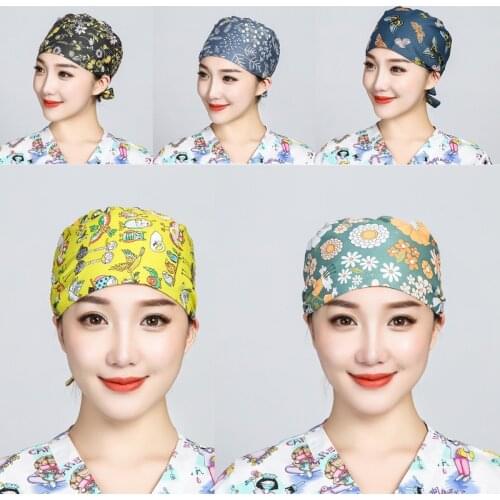Unisex Scrub Caps Adjustable Cotton Cartoon Printing Hats High Quality Work Wear Beanie Women Multicolor Breathable Scrubs Hats