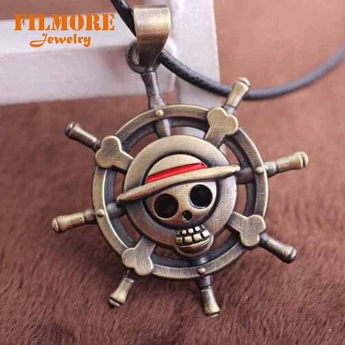 Filmore Vintage Anime ONE PIECE MONKEY D LUFFY Skull Pendant Necklace Pirate Flag Rudder Metal Necklace Cosplay Anime Gifts
