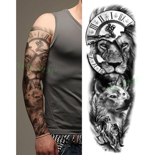 Waterproof Temporary Tattoo Sticker Lion King Wolf Forest Roman Clock Full Arm Large Fake Tatto Flash Tatoo for Men Women