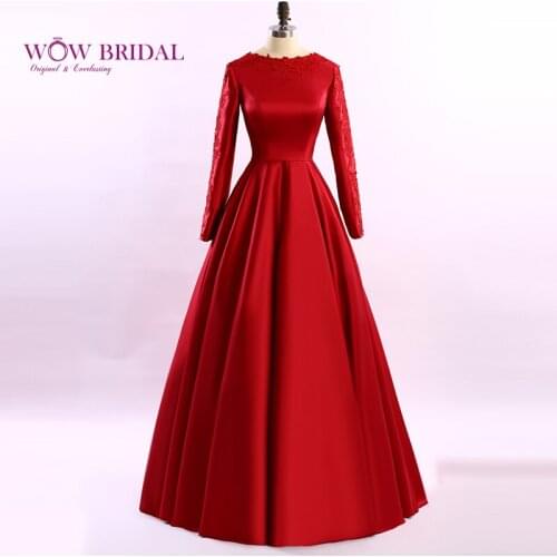 Wowbridal Elegant Red Evening Dress 2021 Simple-Designed O-Neck Embroidery Appliqued Full Sleeve Satin A-Line Long Party Dress