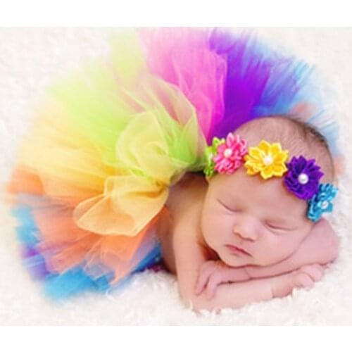 Newborn Photography Props Infant Costume Outfit Princess Baby Tutu Skirt Headband Baby Photography Prop Colorful Rainbow Dress