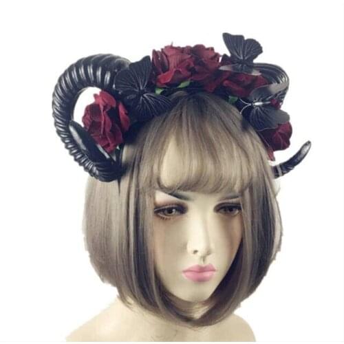 Lolita Girls Halloween Devil Horns Headband Gothic Sheep Horn Rose Flowers Headdress Hairband D440