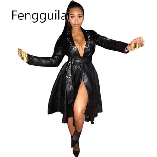 FENGGUILAI 2021 New Women Long Faux Leather Jacket Slim Plus Size Belt Motorcycle PU Leather Long Jacket Coat Leather Trench