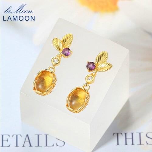 LAMOON 925 Sterling Silver Earrings For Women Citrine Gemstone Drop Earrings Leaf Shape 14K Gold Plated Fine Jewelry LMEI007