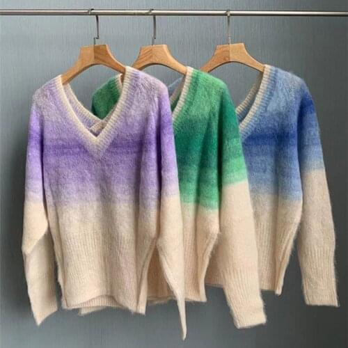 Womens Gradient Print V-Neck Sweater Long Sleeve Ladies Mohair Backless Knitwear Jumper Autumn Winter New Pullover Top 2021