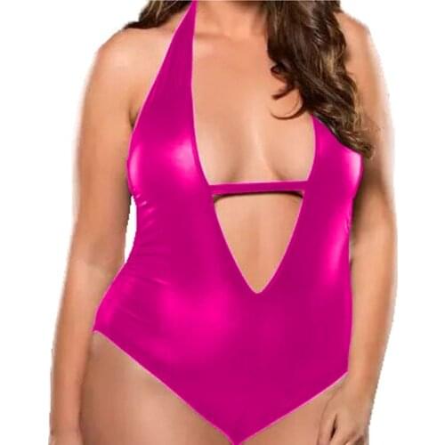 Plus Size Deep V-neck One Piece Monokini Novelty Women Cut Out Bodysuit Sexy Shiny Backless Leotard Summer Beach Bathing Suit