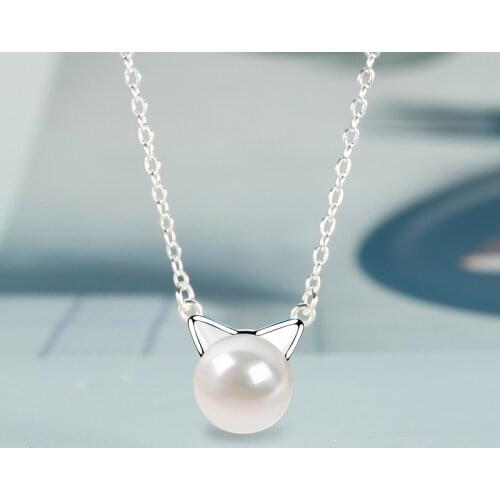 New Necklace 925 Silver Jewelry for Women Accessories with Created Pearl Gemstone Cat Shape Pendant Wedding Promise Party Gift