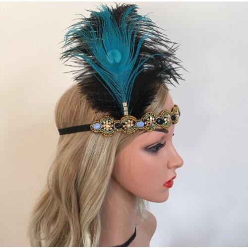 1920s Flapper Peacock Feather Headband 20s Sequined Showgirl Headpiece