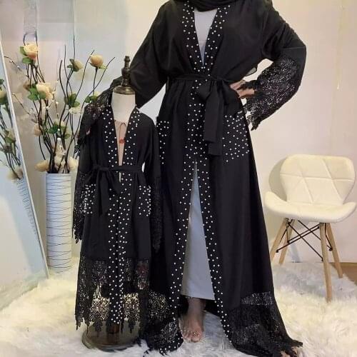 2021 Lace Luxury White Pearls Diamond Open Abaya Dubai Kimono UAE Modest Abayas Muslim Cardigan Hijab Dress Islam Clothing Robe