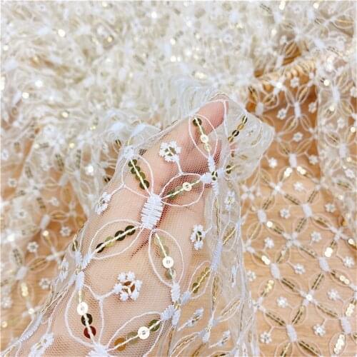 3Yards Gold Sequins Mesh Lace Fabric Off White Embroidered Flower DIY Wedding Dress Veil Sewing Craft Accessories V2838