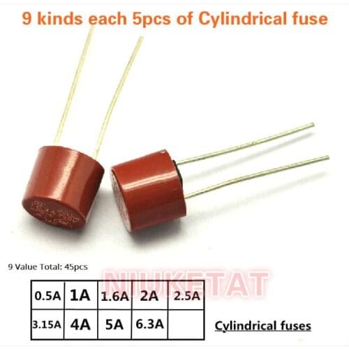 45pcs Cylindrical fuse for each 5pcs 0.5A/1A/1.6A/2A/2.5A/3.15A/4A/5A/6.3A 250V 382 Cylindrical plastic fuse LCD TV power board