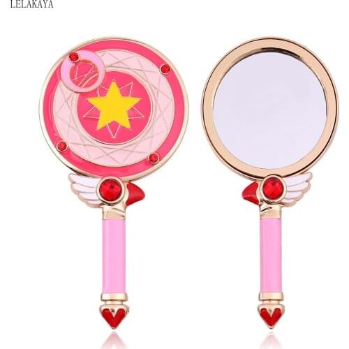 Anime Action Figure Metal Pink Square Round Cosmetic Handle mirror Card Captor Sakura Bird Head Star Makeup Mirror for Lady Girl