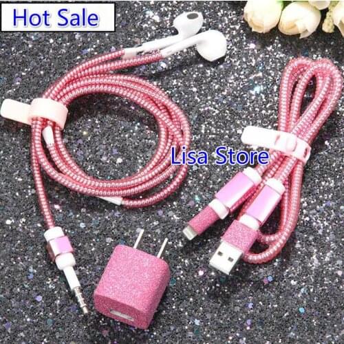 Free 10 Sets Bling Bling DIY Wire Rope Protection Suit Spring Earphone Cable Cord Set DIY Charger Sticker for Cell Phone iPhone