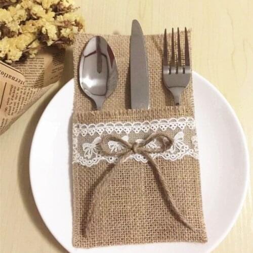 Free shipping wholesaler of Lace linen tableware bag holiday wedding knife fork bag red wine bag