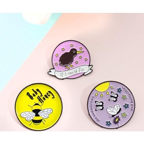 6 style round insect Enamel Brooch Bee butterfly bird Cute animals Lapel Pin Bag jackets custom Badge Gifts for friends kids