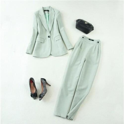 New Business Pant Suits High Quality Set Blazers Formal Women OL Elegant light green 2 Piece Sets Uniform Jackets Set women
