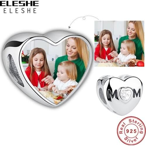 ELESHE 925 Sterling Silver with Crystal CZ Heart Mom Custom Photo Bead fit Bracelets for Women Mother ‘s Day Gift
