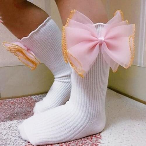 Girls Leg Warmers Cotton Candy-Colored Bow Pearl Organza Striped Princess Stocking Kids Sweet Legwarm