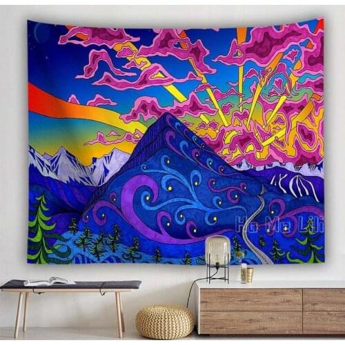 Mountain Tapestry Tree Wall Hanging Sun Forest Painting Tapestry Purple Sky Art