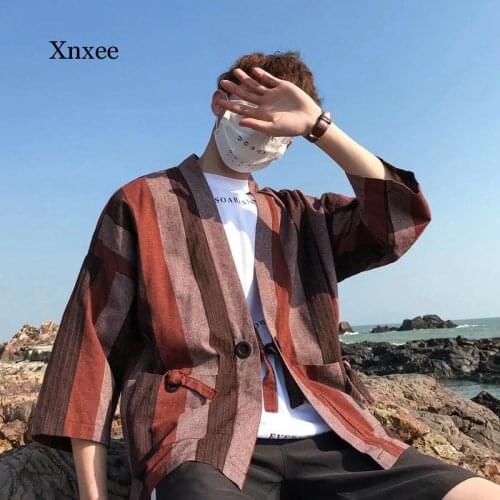 Striped Print Kimono Cardigan Men Samurai Costume Beach Clothing Kimonos Japan Spring Summer Mens Kimono Shirt Yukata t Shirt