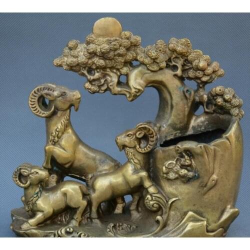 China fengshui old bronze three sheep pine tree statue brush pot pencil vase