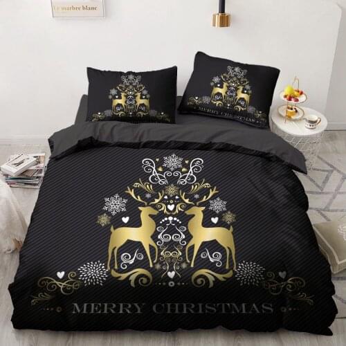 3D Black Duvet Cover Sets Bedding Set Bed Linen Xmas Comforter Case Pillwocase Queen Double Twin Size Marry Christmas Gold Deer