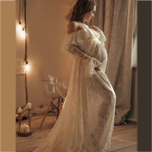 Lace Maternity Gowns Off the Shoulder Long Maternity Gown for Photoshoot Boudoir Lingerie Robes Bathrobe Nightwear Babydoll Robe
