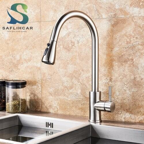Brushed Nickle Pull Out Kitchen Sink Faucet Simple Bathroom Hot Cold Water Rotatable Single Handle Deck Mounted Mixer Crane Taps