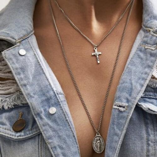 Fashion Vintage Silver Color Virgin Mary Necklace Pendant Multi Layers Women Trendy Cross Pendant Necklaces Religious Jewelry