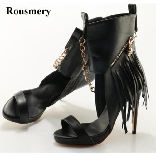 Sexy Women Fashion Open Toe Black Leather One Strap Gold Chain Design Gladiator Boots Ankle Wrap High Heel Short Boots