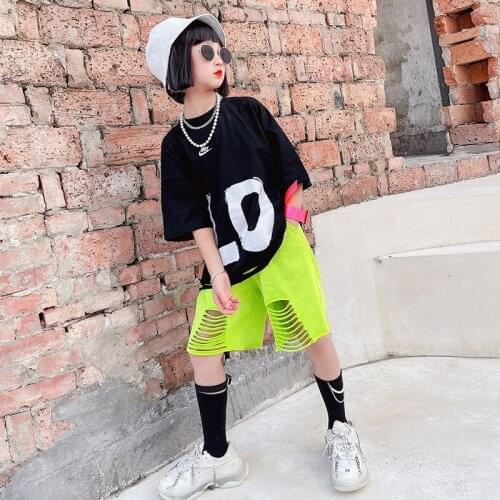 Child Girls Shinestones Tops Pants 2pcs Summer Clothes 2021 New Short Sleeve Kids Hip-hop Dance 2 Piece Set Cool Girl Set kids