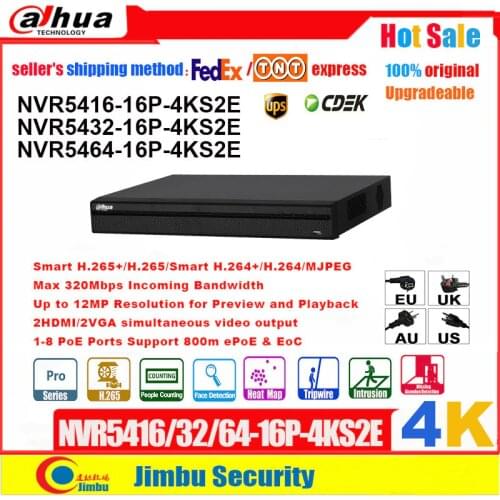 Dahua NVR 4K PSP Video Recorder NVR5416-16P-4KS2E NVR5432-16P-4KS2E NVR5464-16P-4KS2E 16PoE 16CH 32CH 64CH people countiing
