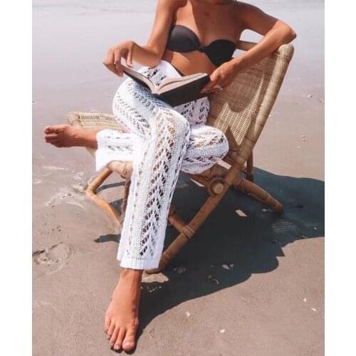 Women Crochet Knitted Pants Solid Hollow Out Elastic Straight Casual Trouser Holiday Beach Wide Leg Bikini Cover Up 2021