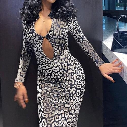 OMSJ Fall Leopard Printing Split Elegant Velvet Maxi Dress Women Hollow Out V Neck Long Sleeve Sexy Dresses Vestidos Partywear